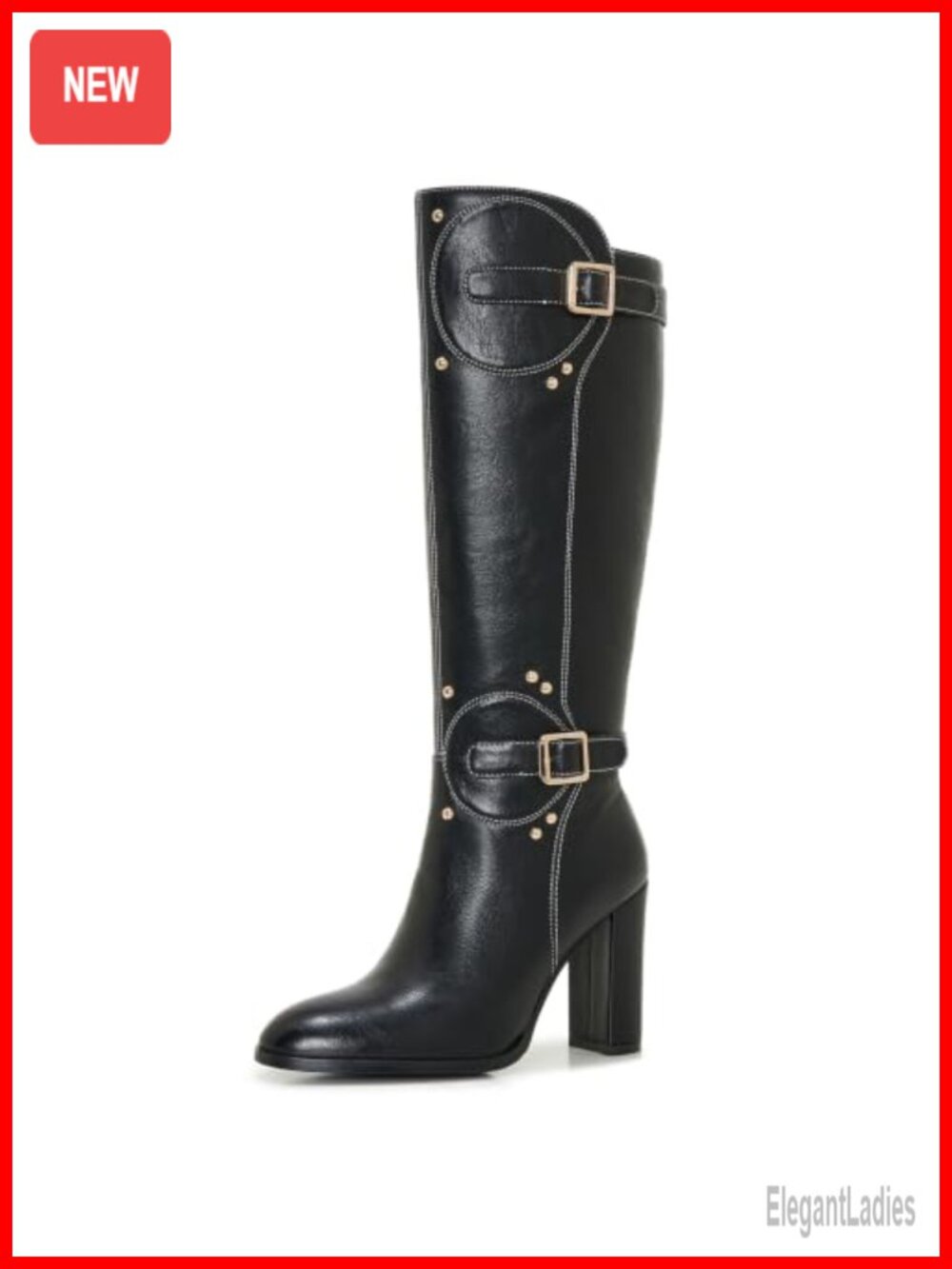 Knee High Riding Boots Block Heel Buckle Side Zip Round Toe Size 8